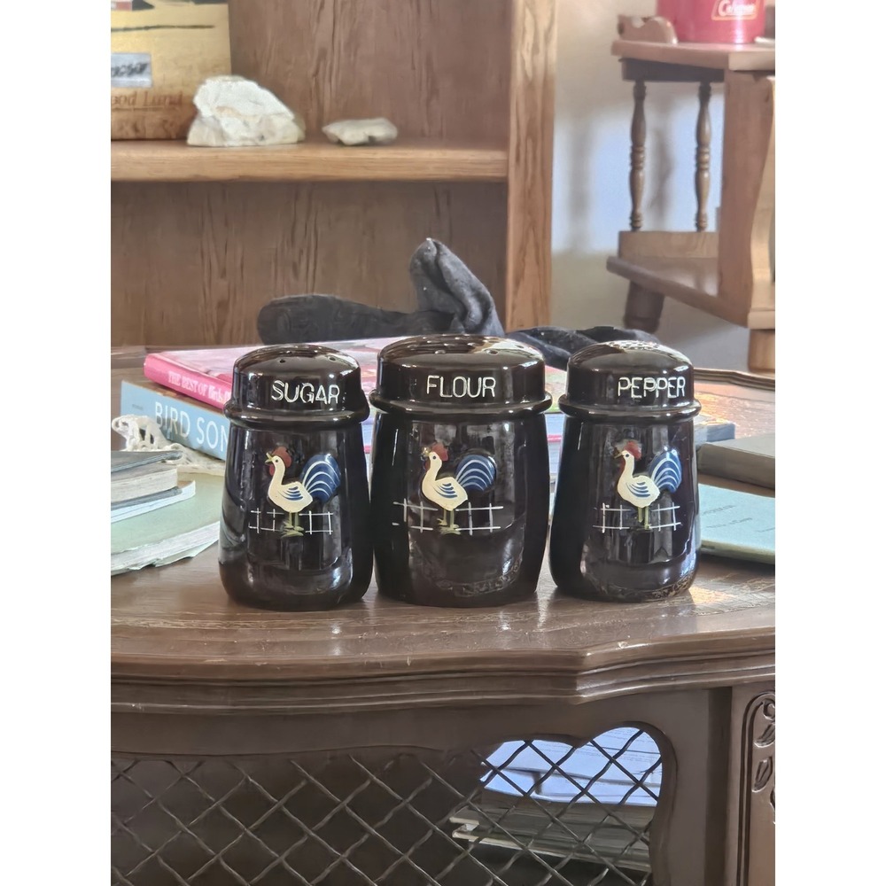 Vintage Rooster Brown Shakers Cal-Pacific 3 Piece Pepper,  Flour,  Sugar